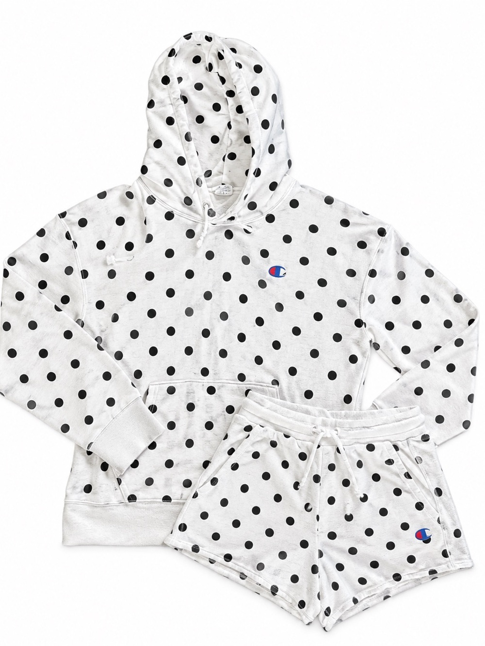 Champion Bundle of Reverse Weave Hoodie and Shorts White Black Polka Dot M